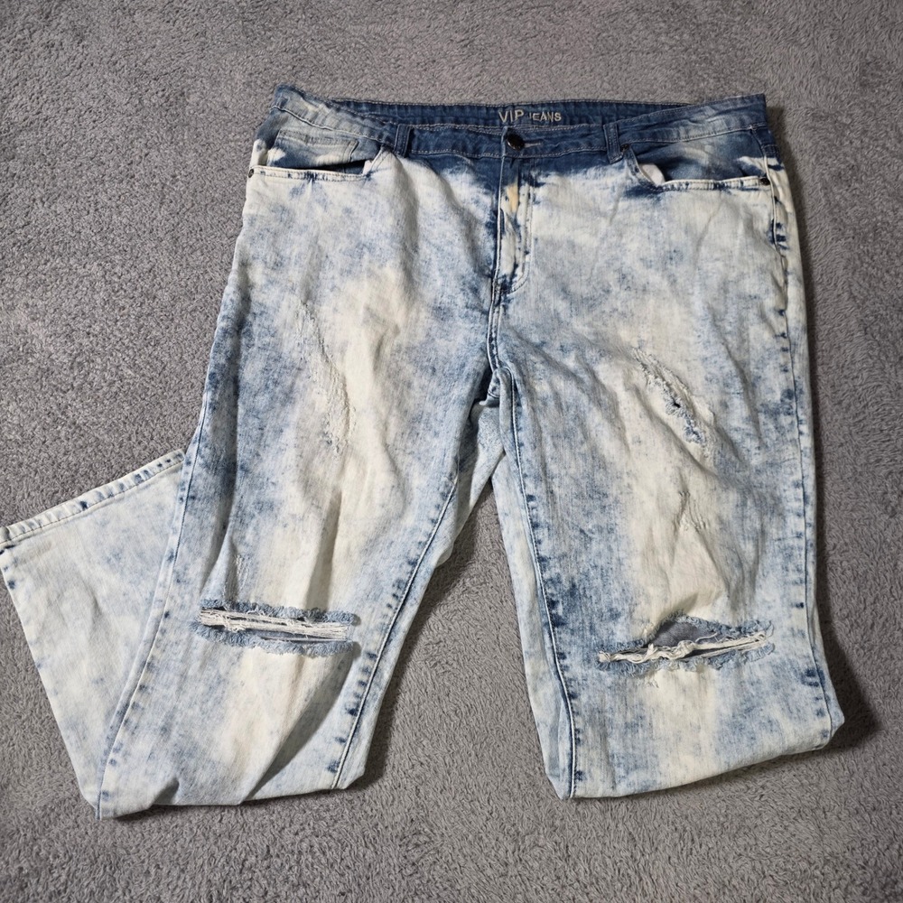VIP Jeans Women 21/22 42x30 Regular Acid Wash Distress Rip Blue White 1-7319WX